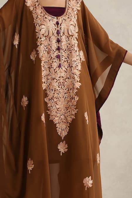 Buy Wazir C Brown Georgette, Cotton Embroidery Round Neck Nargis Kaftan Set Buy_Wazir C_Brown Georgette, Cotton Embroidery Round Neck Nargis Kaftan Set