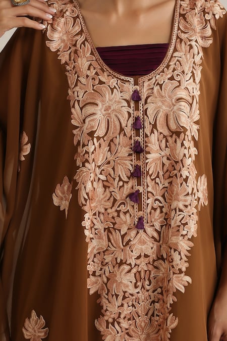 Shop Wazir C Brown Georgette, Cotton Embroidery Round Neck Nargis Kaftan Set Shop_Wazir C_Brown Georgette, Cotton Embroidery Round Neck Nargis Kaftan Set