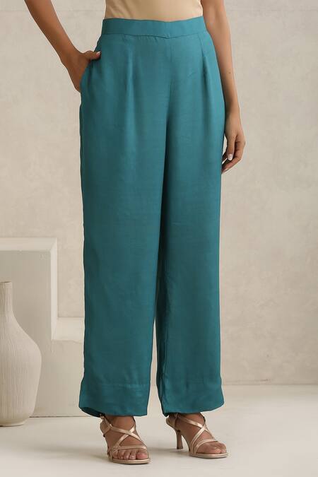 Shop_Wazir C_Blue Silk, Cotton, Organza Embroidery, Zari V-neck Nargis Kurta Set_Online_at_Aza_Fashions