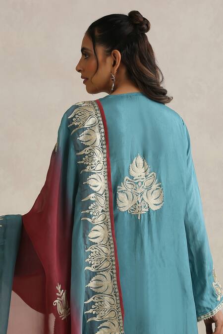 Wazir C_Blue Silk, Cotton, Organza Embroidery, Zari V-neck Nargis Kurta Set_at_Aza_Fashions