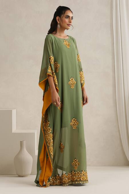 Buy Wazir C Green Georgette, Cotton Embroidery Boat Neck Nargis Mehandi Kaftan Online at Aza Fashions Buy_Wazir C_Green Georgette, Cotton Embroidery Boat Neck Nargis Mehandi Kaftan _Online_at_Aza_Fashions