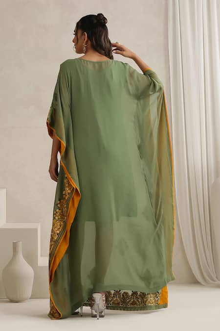 Shop Wazir C Green Georgette, Cotton Embroidery Boat Neck Nargis Mehandi Kaftan at Aza Fashions Shop_Wazir C_Green Georgette, Cotton Embroidery Boat Neck Nargis Mehandi Kaftan _at_Aza_Fashions