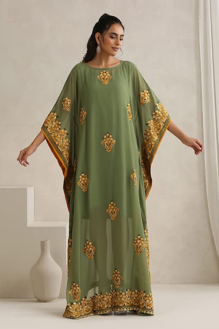Wazir C Green Georgette, Cotton Embroidery Boat Neck Nargis Mehandi Kaftan 