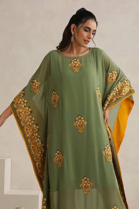 Shop Wazir C Green Georgette, Cotton Embroidery Boat Neck Nargis Mehandi Kaftan Online at Aza Fashions Shop_Wazir C_Green Georgette, Cotton Embroidery Boat Neck Nargis Mehandi Kaftan _Online_at_Aza_Fashions