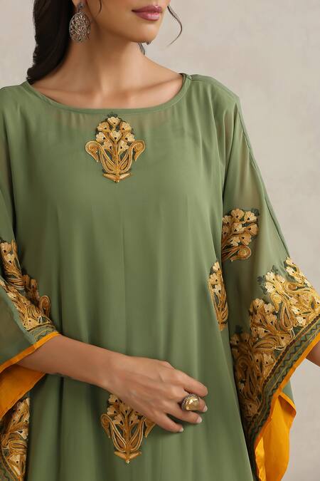 Wazir C Green Georgette, Cotton Embroidery Boat Neck Nargis Mehandi Kaftan at Aza Fashions Wazir C_Green Georgette, Cotton Embroidery Boat Neck Nargis Mehandi Kaftan _at_Aza_Fashions