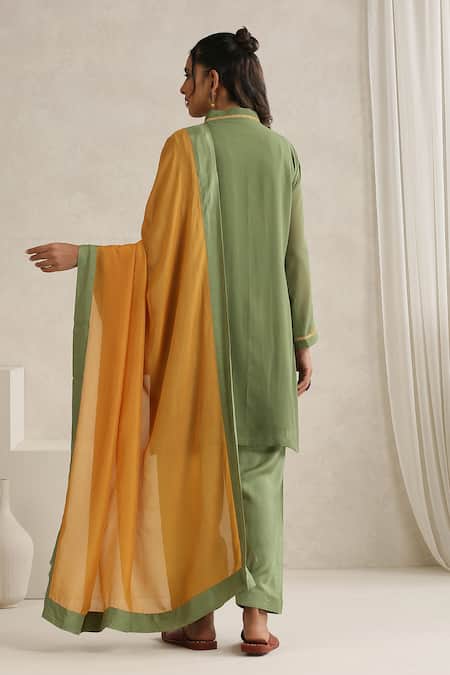 Wazir C Mehandi Green Aari Embroidered Kurta Set 