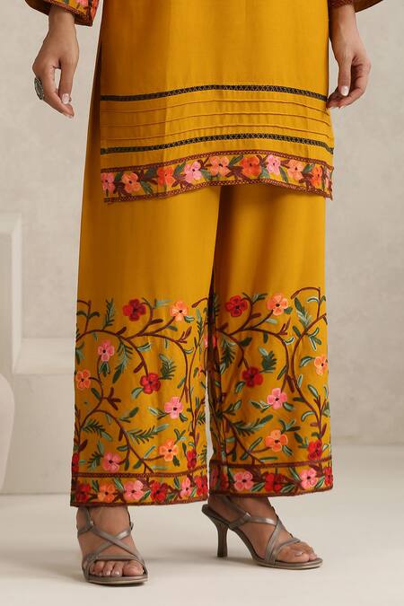 Wazir C_Mustard Cotton Embroidery Round Neck Nargis Kurta Set_Online_at_Aza_Fashions