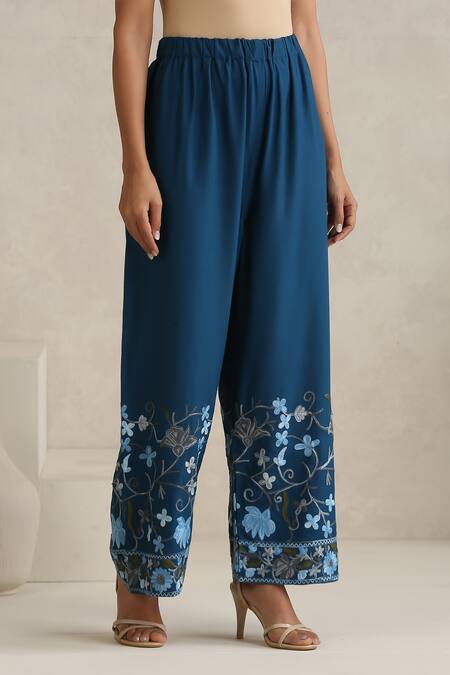 Wazir C_Blue Cotton, Silk Embroidery, Tassels Round Neck Nargis Navy Kurta Set_Online_at_Aza_Fashions