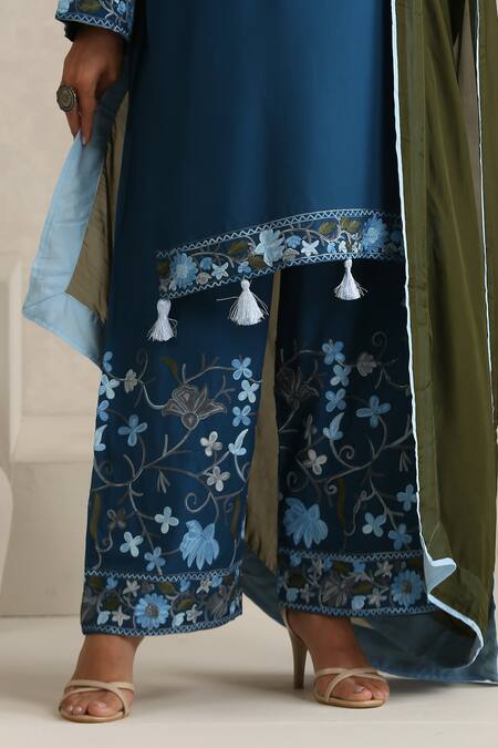 Buy_Wazir C_Blue Cotton, Silk Embroidery, Tassels Round Neck Nargis Navy Kurta Set_Online_at_Aza_Fashions