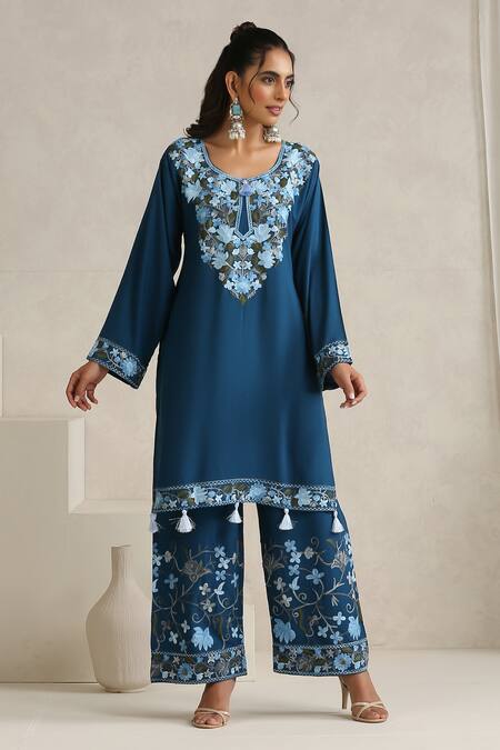 Shop_Wazir C_Blue Cotton, Silk Embroidery, Tassels Round Neck Nargis Navy Kurta Set_Online_at_Aza_Fashions