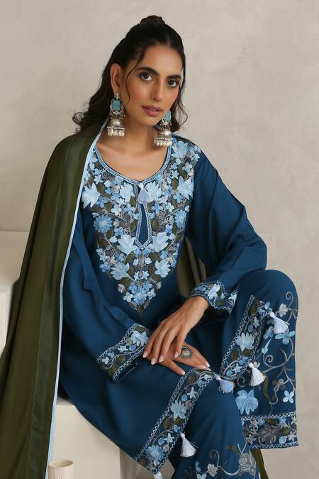 Wazir C_Blue Cotton, Silk Embroidery, Tassels Round Neck Nargis Navy Kurta Set_at_Aza_Fashions