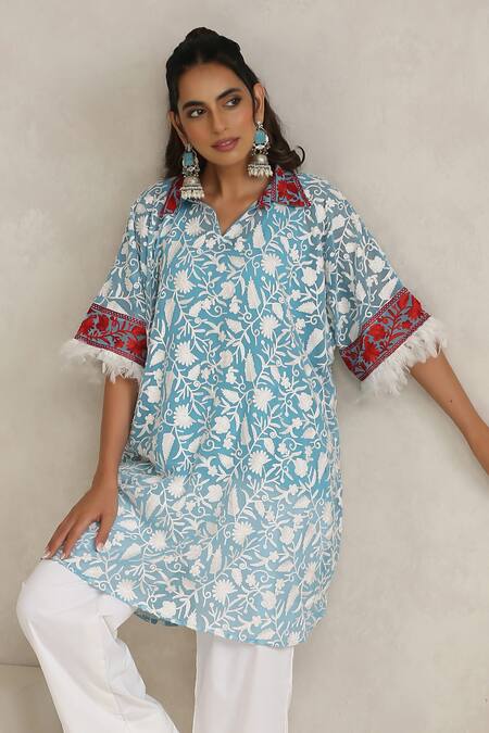 Wazir C_Blue Georgette, Cotton Embroidery Collared Nargis Choga Set _at_Aza_Fashions