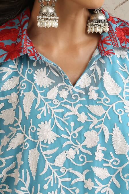 Buy_Wazir C_Blue Georgette, Cotton Embroidery Collared Nargis Choga Set 