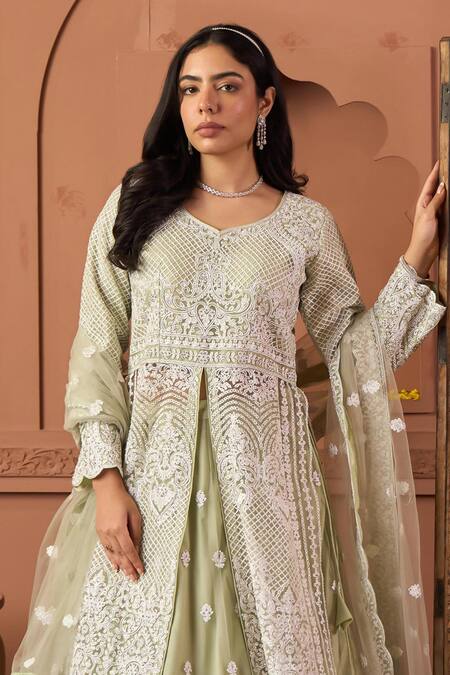 Tasuvure Indes_Green Net Sequins, Embroidery Round Neck Long Jacket Lehenga Set_Online_at_Aza_Fashions