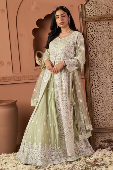 Buy_Tasuvure Indes_Green Net Sequins, Embroidery Round Neck Long Jacket Lehenga Set_Online_at_Aza_Fashions