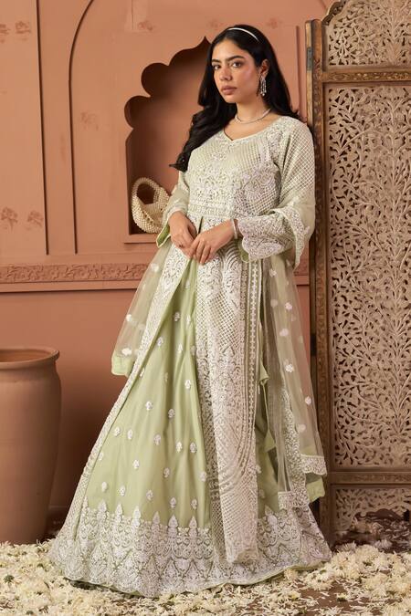 Shop_Tasuvure Indes_Green Net Sequins, Embroidery Round Neck Long Jacket Lehenga Set_Online_at_Aza_Fashions