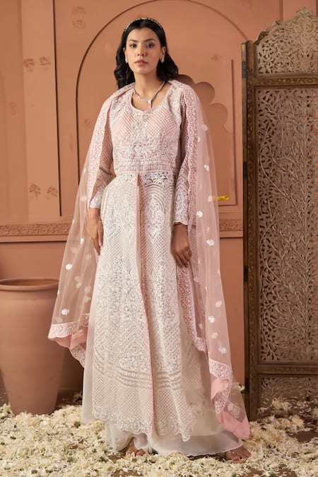 Buy_Tasuvure Indes_Pink Net Embroidery Round Neck Long Jacket And Palazzo Set _Online_at_Aza_Fashions