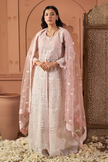 Tasuvure Indes Pink Net Embroidery Round Neck Long Jacket And Palazzo Set 