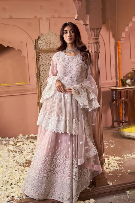 Tasuvure Indes_Pink Net Sequins, Lace, Embroidery Round Neck Soft Peplum Tunic And Lehenga _Online_at_Aza_Fashions
