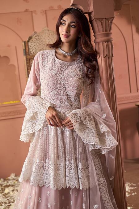 Buy_Tasuvure Indes_Pink Net Sequins, Lace, Embroidery Round Neck Soft Peplum Tunic And Lehenga _Online_at_Aza_Fashions