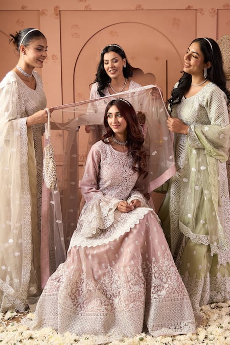 Shop_Tasuvure Indes_Pink Net Sequins, Lace, Embroidery Round Neck Soft Peplum Tunic And Lehenga _Online_at_Aza_Fashions