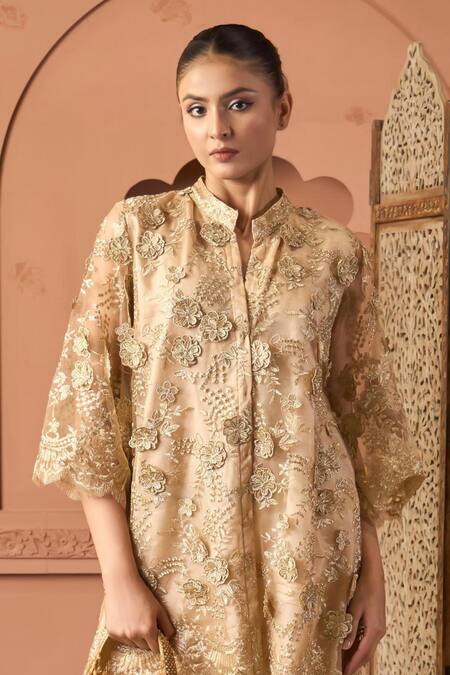 Buy_Tasuvure Indes_Beige Net Sequins Mandarin Collar Kurta Pant Set _Online_at_Aza_Fashions
