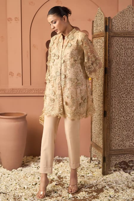 Shop_Tasuvure Indes_Beige Net Sequins Mandarin Collar Kurta Pant Set _Online_at_Aza_Fashions
