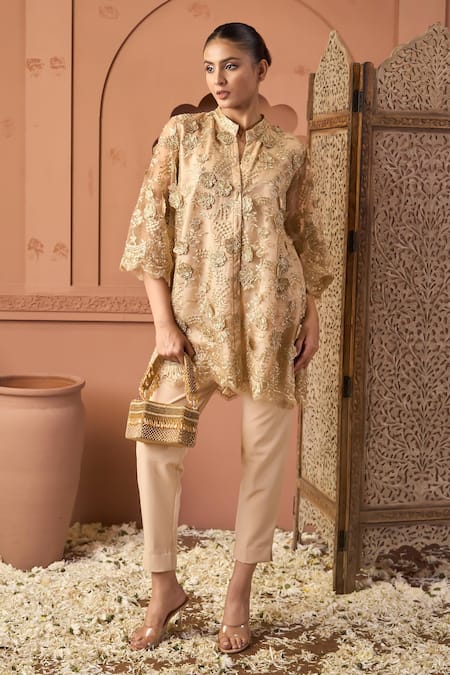 Tasuvure Indes_Beige Net Sequins Mandarin Collar Kurta Pant Set _at_Aza_Fashions
