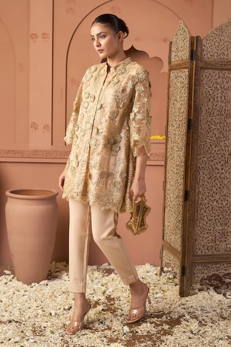 Buy_Tasuvure Indes_Beige Net Sequins Mandarin Collar Kurta Pant Set 