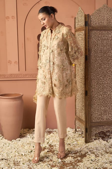 Shop_Tasuvure Indes_Beige Net Sequins Mandarin Collar Kurta Pant Set 