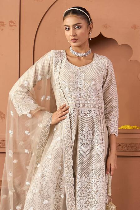 Tasuvure Indes_Beige Net Sequins, Embroidery Round Neck Long Jacket And Palazzo Set _Online_at_Aza_Fashions