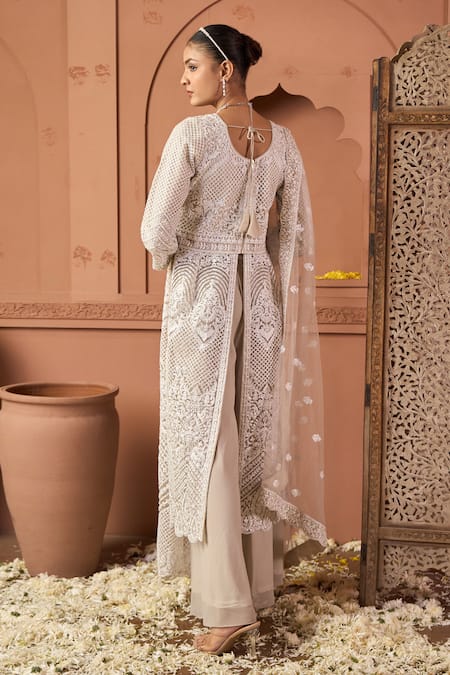 Shop_Tasuvure Indes_Beige Net Sequins, Embroidery Round Neck Long Jacket And Palazzo Set _Online_at_Aza_Fashions
