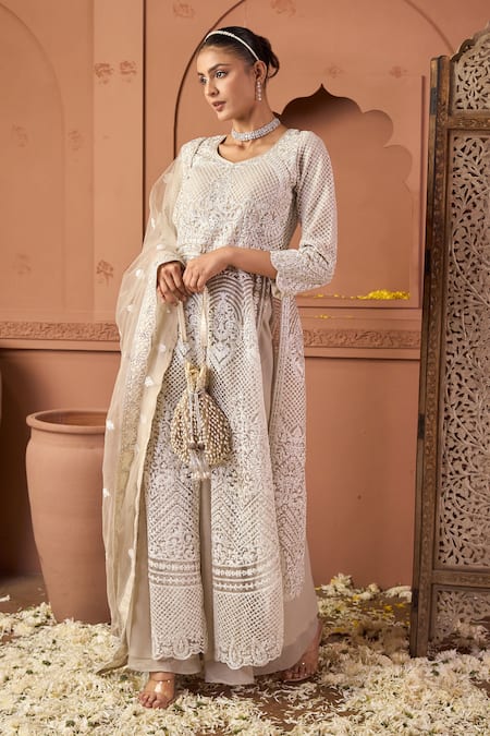 Tasuvure Indes_Beige Net Sequins, Embroidery Round Neck Long Jacket And Palazzo Set _at_Aza_Fashions
