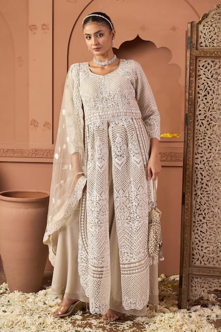 Buy_Tasuvure Indes_Beige Net Sequins, Embroidery Round Neck Long Jacket And Palazzo Set 
