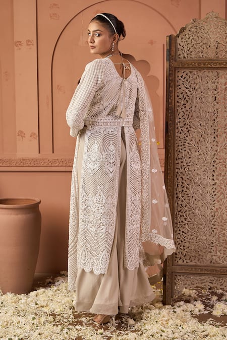 Tasuvure Indes Embroidered Long Jacket & Palazzo Set 