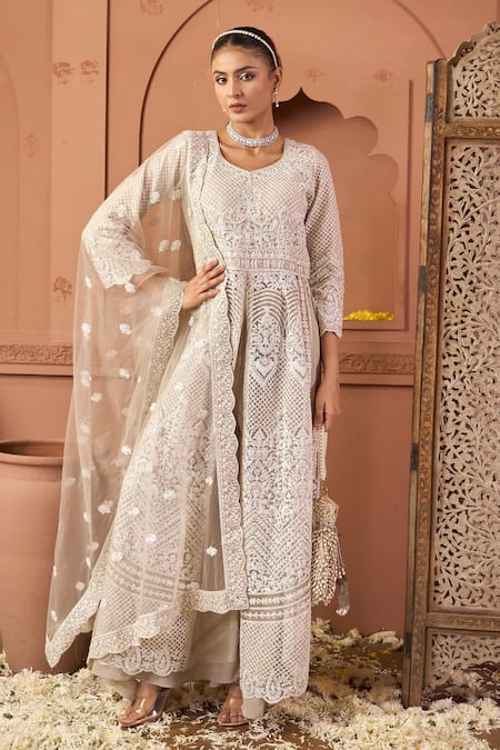 Tasuvure Indes Embroidered Long Jacket & Palazzo Set 