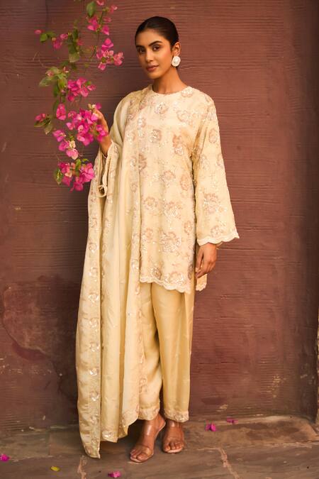 Buy Tasuvure Indes Beige Georgette, Chiffon Sequins, Embroidery Round Neck Rose Kurta Set Online at Aza Fashions Buy_Tasuvure Indes_Beige Georgette, Chiffon Sequins, Embroidery Round Neck Rose Kurta Set _Online_at_Aza_Fashions