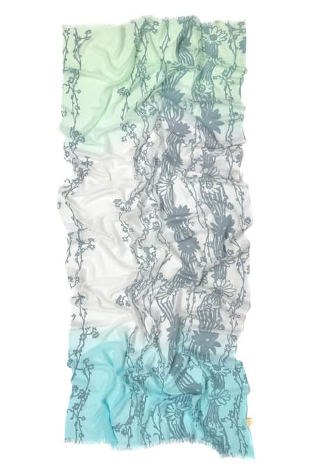 Pashma Aquamarine Blossom Bamboo Silk Cashmere Scarf 