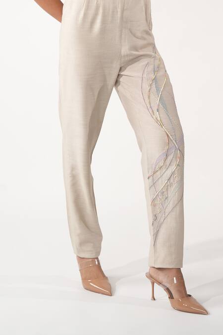 Orthodox_Beige Cotton Embroidery Asymmetric Aari Zardozi Overlap Top_Online_at_Aza_Fashions