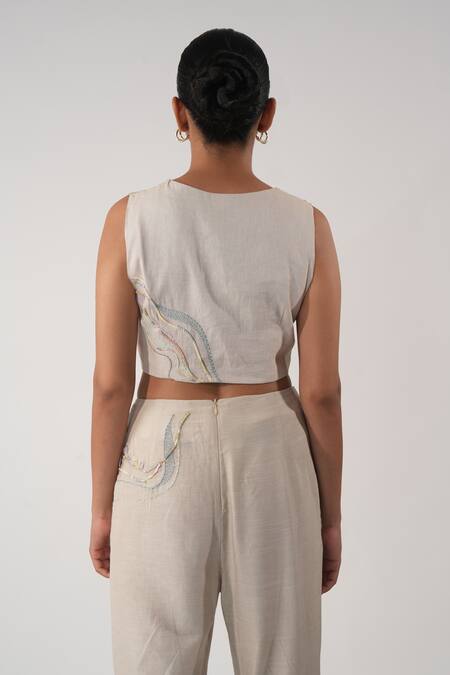 Buy_Orthodox_Beige Cotton Embroidery Asymmetric Aari Zardozi Overlap Top_Online_at_Aza_Fashions