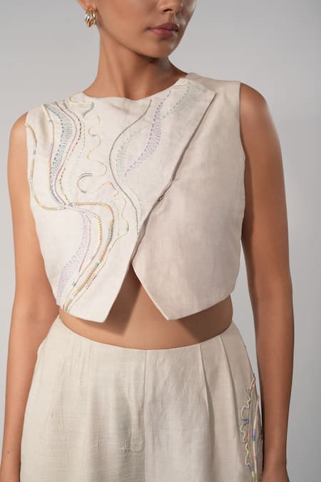 Orthodox_Beige Cotton Embroidery Asymmetric Aari Zardozi Overlap Top_at_Aza_Fashions