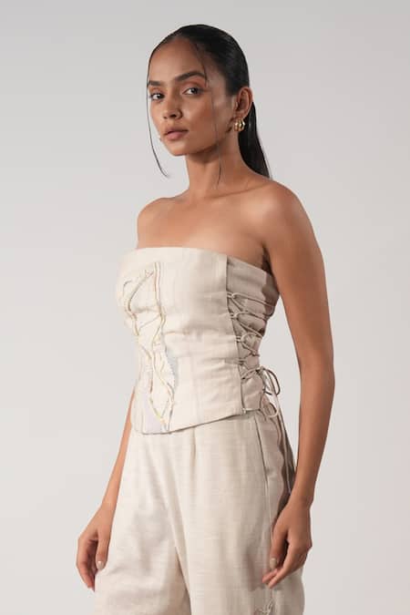 Orthodox Beige Cotton Embroidery Bandeau Neck Aari Zardozi Corset 