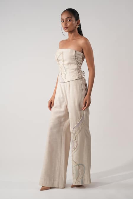 Orthodox_Beige Cotton Embroidery Bandeau Neck Aari Zardozi Corset_Online_at_Aza_Fashions