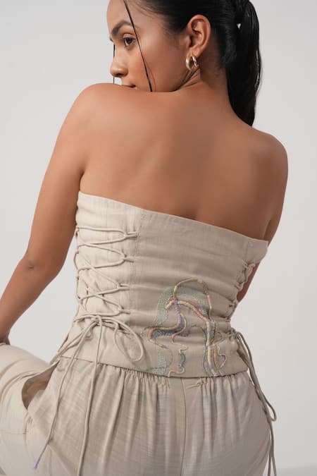 Buy_Orthodox_Beige Cotton Embroidery Bandeau Neck Aari Zardozi Corset_Online_at_Aza_Fashions