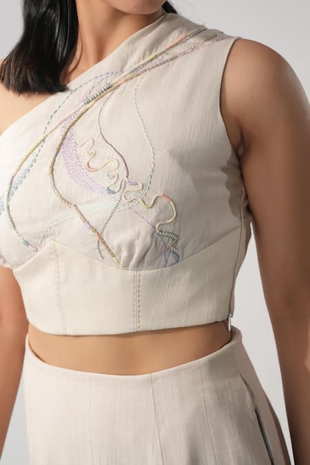 Orthodox_Beige Cotton Embroidery Asymmetric Aari Zardozi Bustier _Online_at_Aza_Fashions