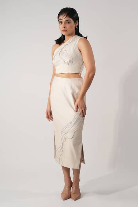 Orthodox Beige Cotton Embroidery Asymmetric Aari Zardozi Bustier 