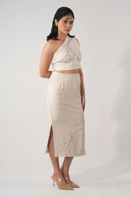 Buy_Orthodox_Beige Cotton Embroidery Asymmetric Aari Zardozi Bustier _Online_at_Aza_Fashions