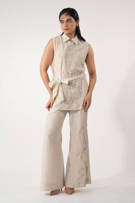 Orthodox_Beige Cotton Embroidery Collared Aari Zardozi Top _Online_at_Aza_Fashions