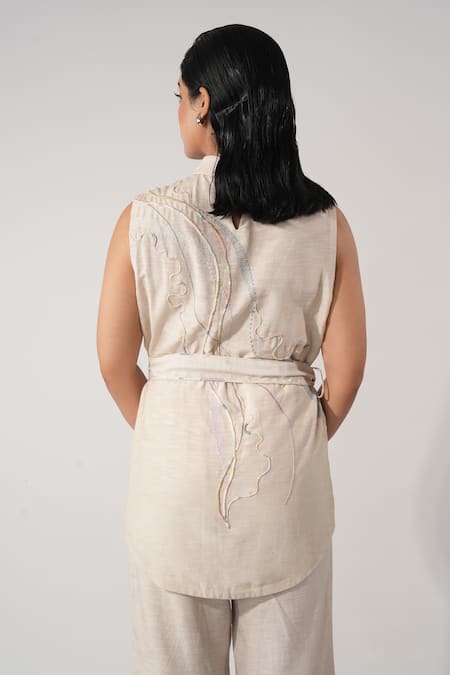 Shop_Orthodox_Beige Cotton Embroidery Collared Aari Zardozi Top _at_Aza_Fashions