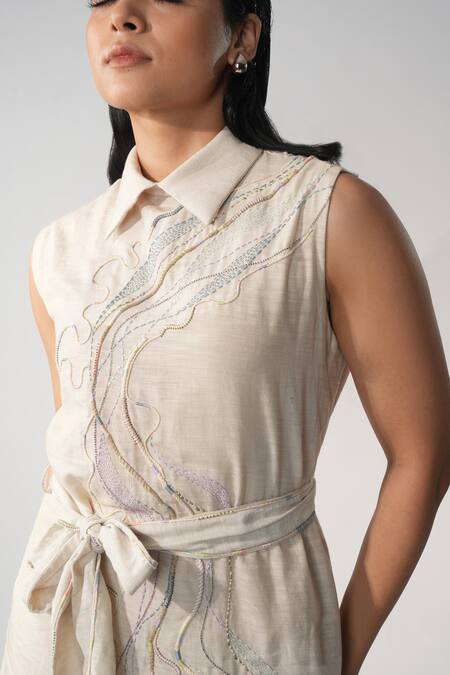 Shop_Orthodox_Beige Cotton Embroidery Collared Aari Zardozi Top _Online_at_Aza_Fashions
